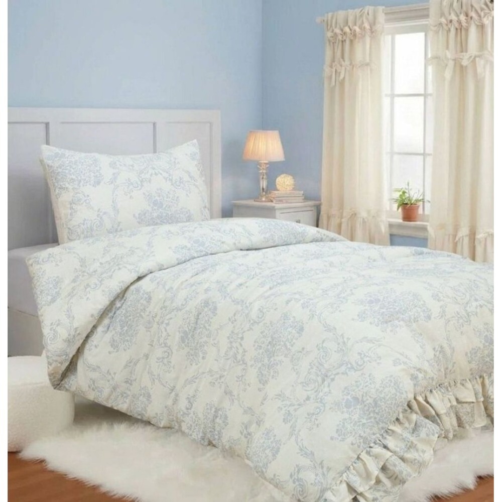 Harlow & Wren Twin Ruffle 2 PC Comforter Set Blue Floral Damask Shabby Chic
